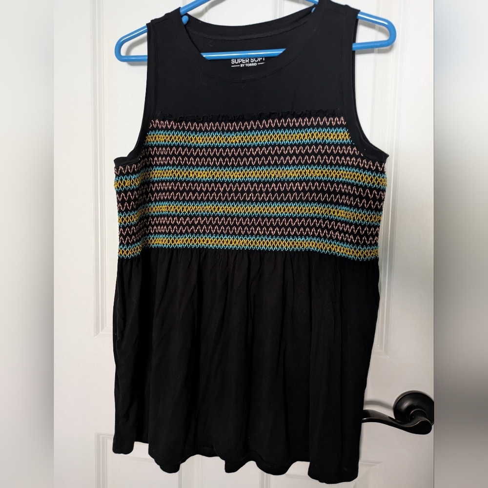Torrid Black Embroidered Top with Multicolor Smocked Bodice